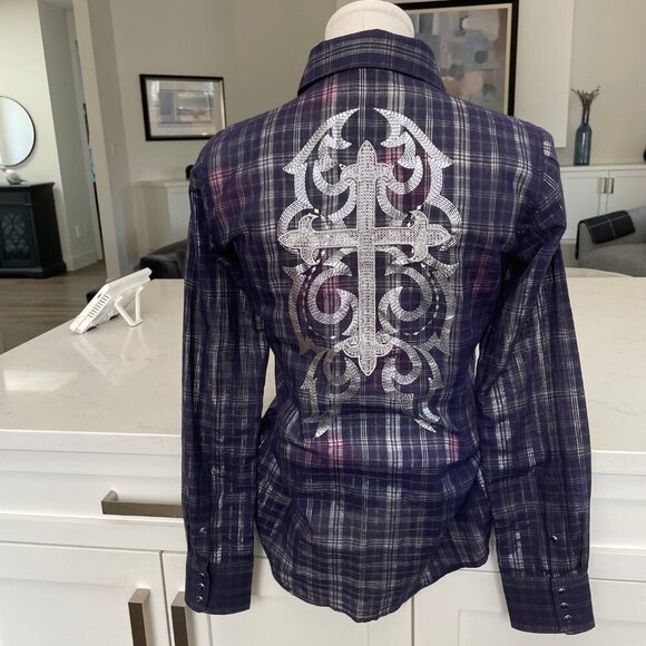 Ariat Fitted Snap Down Metallic Plaid Western Shirt Cowgirl Deep Purple XS NWOT - Picture 5 of 14